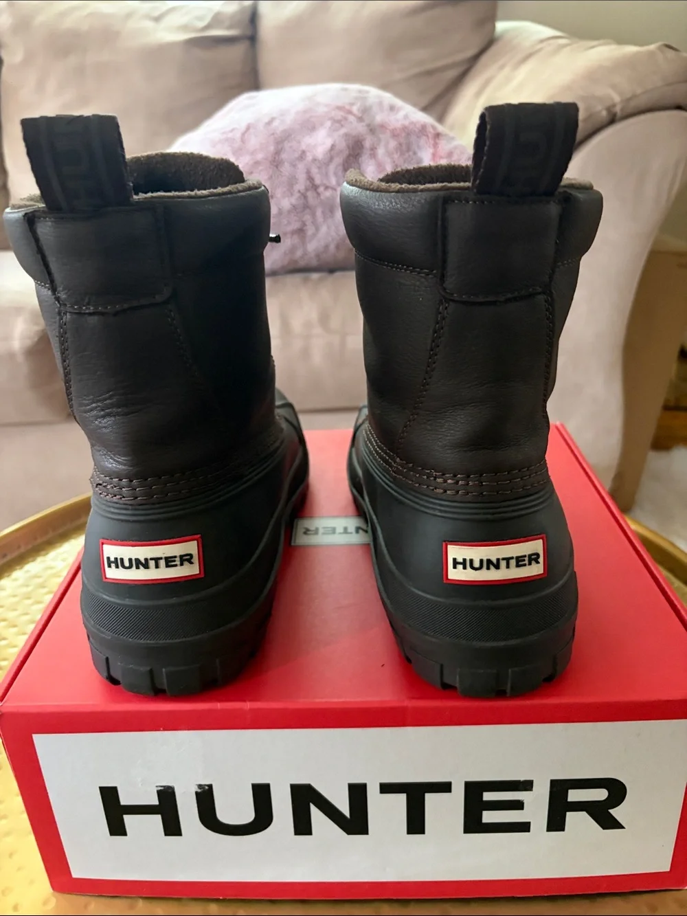 Hunter Dark Brown Waterproof Duck Boots with Orange Laces